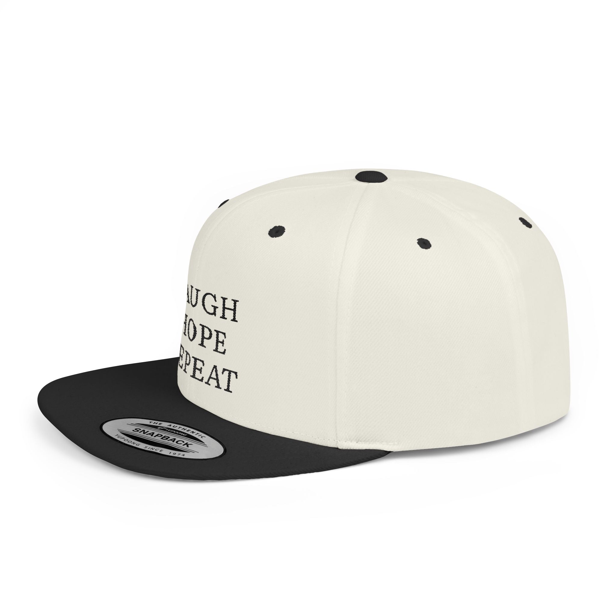 Laugh Hope Repeat Flat Bill Snapback | Minimal Text Embroidered Cap