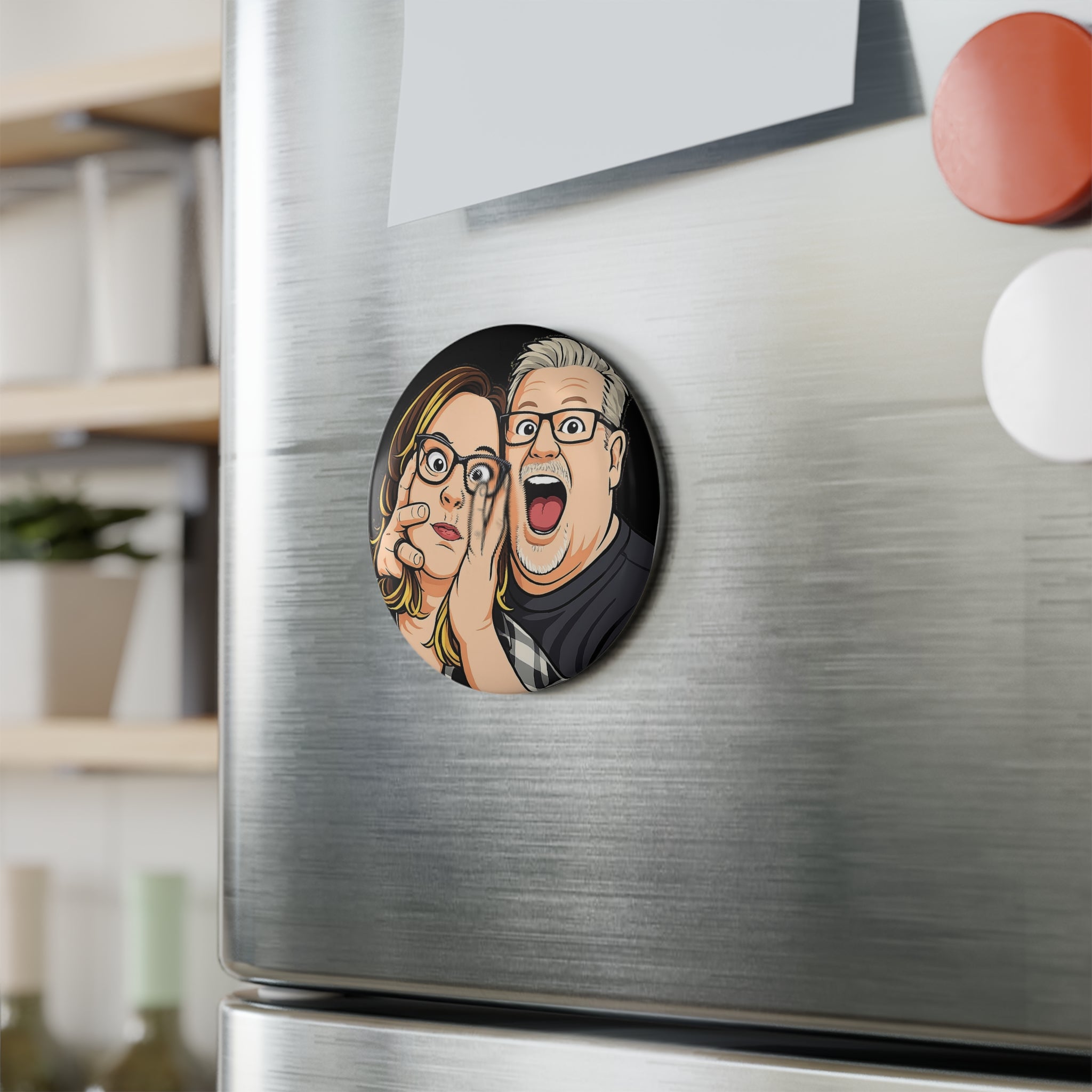Funny Couple Caricature Button Magnet